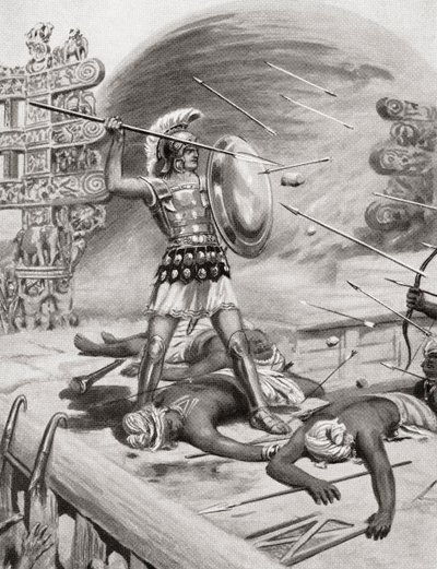 Alexandre le Grand combattant les Assacani à la ville fortifiée de Massaga, Inde, pendant sa campagne indienne en 326 av. J.-C., de l