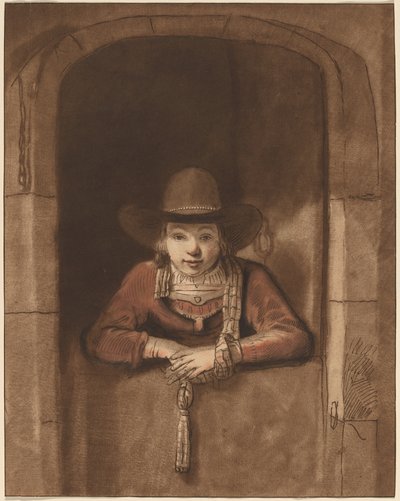 Garçon penché sur une porte basse - after Samuel van Hoogstraten Cornelis Ploos
