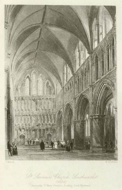 Église St Saviour, Southwark, 1850, anciennement St Mary Overyes, vue vers le sud-est - after Thomas Allom
