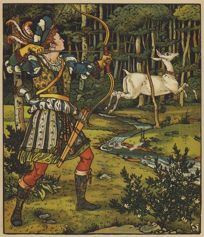 Le prince Guerrier poursuit la biche dans la forêt - after Walter Crane