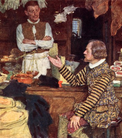 Shakespeare appelle à une épicerie à Bucklersbury pour discuter avec John Sadler, un apprenti de Stratford - after William Hatherell
