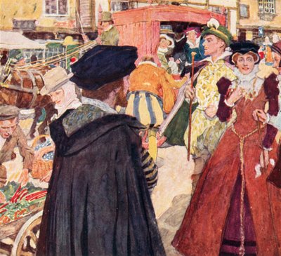 Shakespeare observe les modes et les manières ridicules des fats sur Ludgate Hill, Londres - after William Hatherell