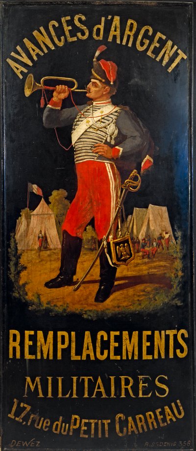 French: Au hussard. Enseigne de bureau de remplacement militaire. 17 rue des Petits- Carreaux, 11ème arrondissement, Paris - anonymous 
