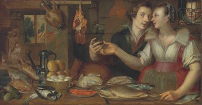 Allemand : Küchenbild, Stillleben mit trinkendem Paar Un intérieur de cuisine avec une servante et un jeune homme - anonymous 
