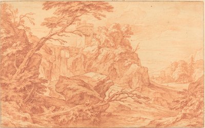 Paysage rocheux avec une tour en pierre et une cascade - attributed to Adriaen Frans Boudewyns