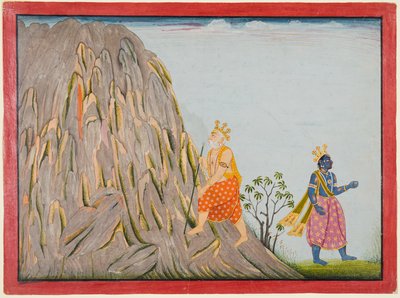 Le roi Muchukunda entre dans le royaume du mont Gandhamadana pour atteindre le salut, du « Cinquième Basohli Bhagavata Purana » - attributed to Fattu