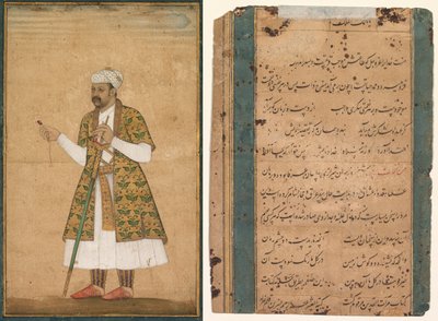 Un courtisan, peut-être Khan Alam, tenant un spinelle et une épée du Deccan - attributed to Govardhan