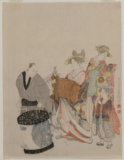 Courtisane en ville avec des assistants la nuit - attributed to Kubo Shunman
