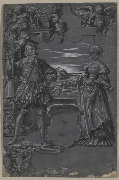 Conception pour peinture sur verre : Homme et femme dans un cadre architectural - attributed to Tobias Stimmer