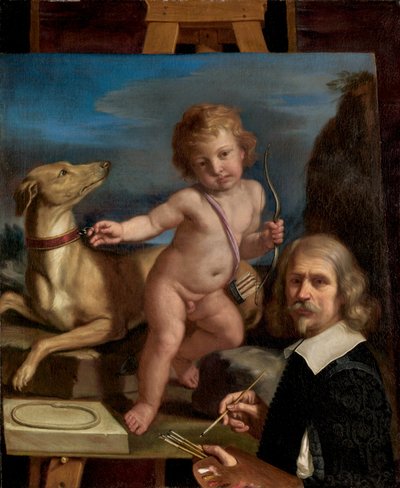 Autoportrait devant une peinture de "Amor Fedele" - called Guercino Giovanni Francesco Barbieri