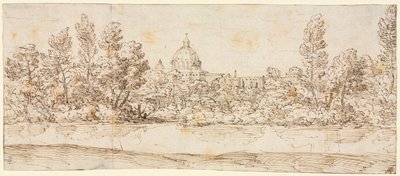 Paysage fluvial avec vue de la basilique Saint-Pierre - circle of Giovanni Francesco Grimaldi