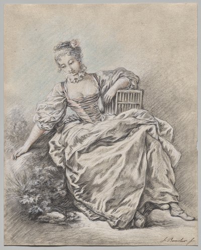 Femme assise tenant une cage à oiseaux - copy after François Boucher