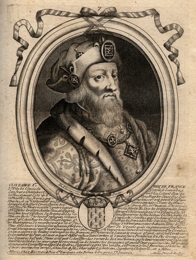 Portrait de Clotaire (Clothaire) Ier (497 - 561), roi de Neustrie et roi des Francs - Clotaire Ier, roi des Francs - Gravure de 