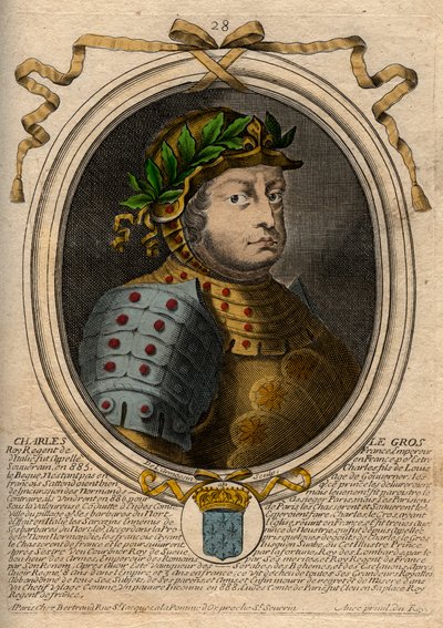 Dynastie carolingienne : Portrait de Charles III le Gros (839-888) roi des Francs - Charles III le Gros - gravure tirée de 