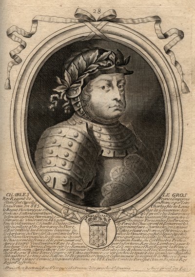 Dynastie carolingienne : Portrait de Charles III le Gros (839-888) roi des Francs - Gravure de 