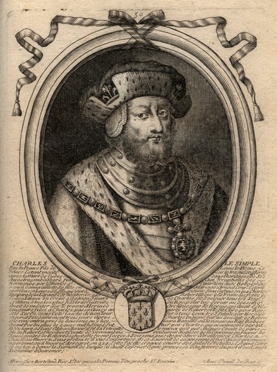 Portrait de Charles III dit le Simple (879-929) roi des Francs - Gravure de 