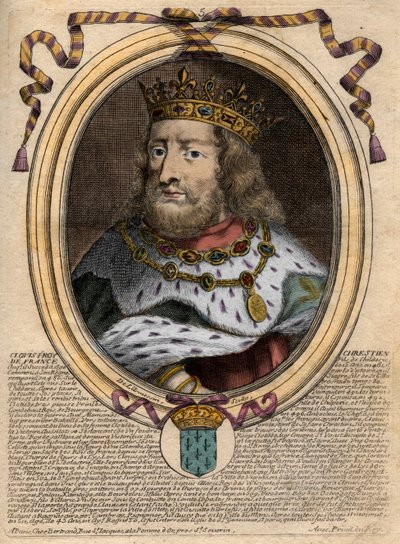 Portrait de Clovis Ier (ca. 466 - 511), Roi des Francs - gravure de 