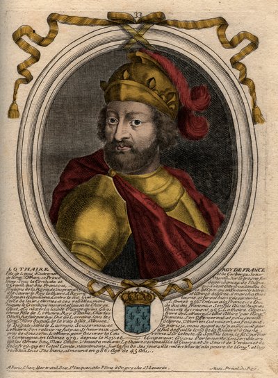 Portrait de Lothaire (941-986), roi des Francs - Lothaire (941-986) roi de France - Gravure de « Les Augustes Représentations de tous les rois de France de Pharamond à Louis XIV », Paris - de Larmessin