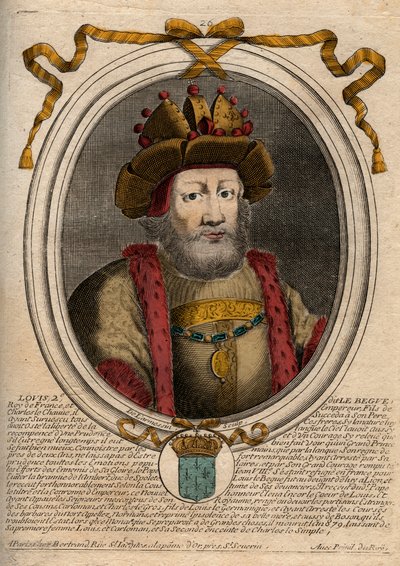 Portrait de Louis II le Bègue ou le Fainéant (846 - 879), Roi des Francs - gravure de 