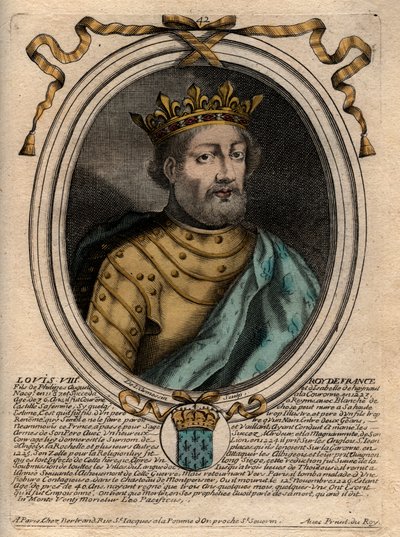 Portrait de Louis VIII (1187-1226), Roi de France - Gravure de « Les Augustes Représentations de tous les Rois de France depuis Pharamond à Louis XIV », Paris - de Larmessin