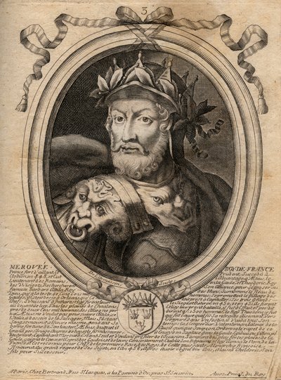 Portrait de Mérovée ou Mérovée roi franc (v. 458) 1er roi de la race mérovingienne - Portrait de Mérovée (Mérovée) (d.456) roi des Francs saliens - Gravure de 