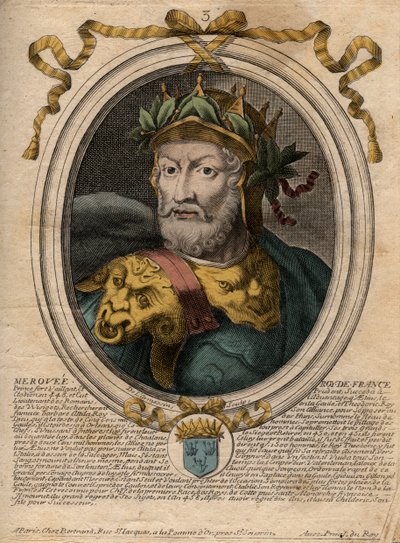 Portrait de Mérovée ou Mérovée, roi franc (v448-v458), premier roi de la dynastie mérovingienne - gravure de 