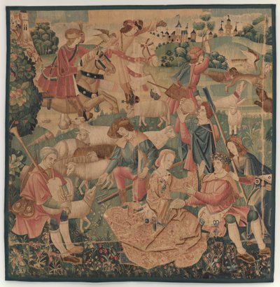Scènes de Chasse et Pastorales, avec un héros couronné entre des dames - design probably French 16th Century, Paris; woven in southern Netherlands or Paris in an undetermine workshop