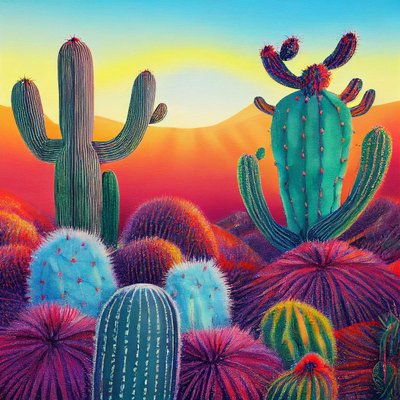 Peinture vibrante : Coucher de soleil sur les plateaux de cactus - F. Abderrahim