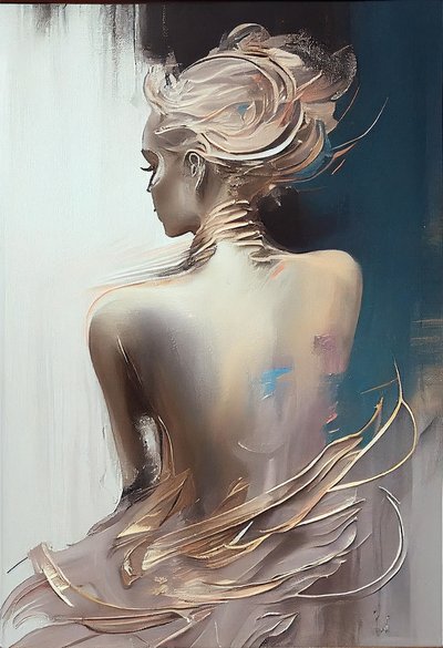 Une femme vêtue assise vue de dos, Peinture silhouette - F. Abderrahim