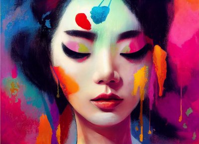 Peinture abstraite pastel de portrait de femme chinoise - F. Abderrahim