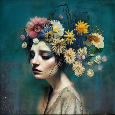 Belle fille avec des fleurs, peinture abstraite - F. Abderrahim