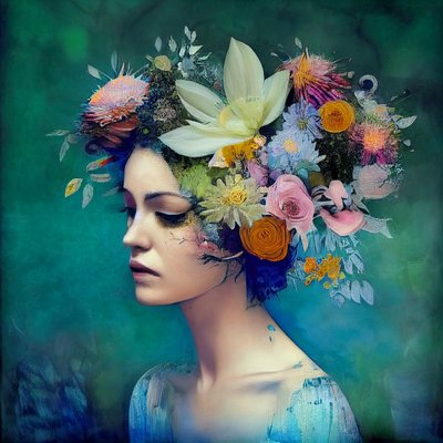 Belle femme avec des fleurs, peinture abstraite - F. Abderrahim