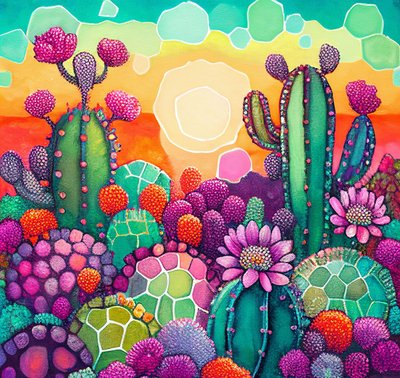 Floraison du désert : Peinture abstraite colorée du coucher de soleil sur les plateaux de cactus - F. Abderrahim