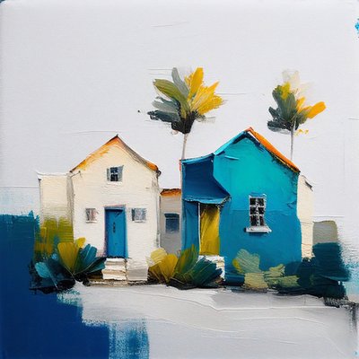 Peinture abstraite minimaliste de cottages colorés - F. Abderrahim