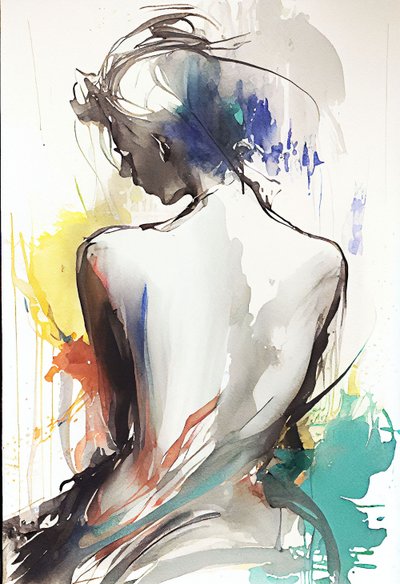 Dessin aquarelle représentant une femme assise de dos - F. Abderrahim