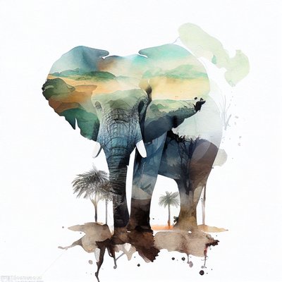 Éléphant aquarelle et savane africaine - F. Abderrahim