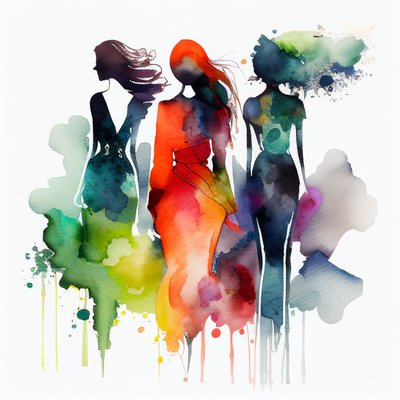 Peinture de mode aquarelle, fille, fond bleu brumeux et blanc - F. Abderrahim