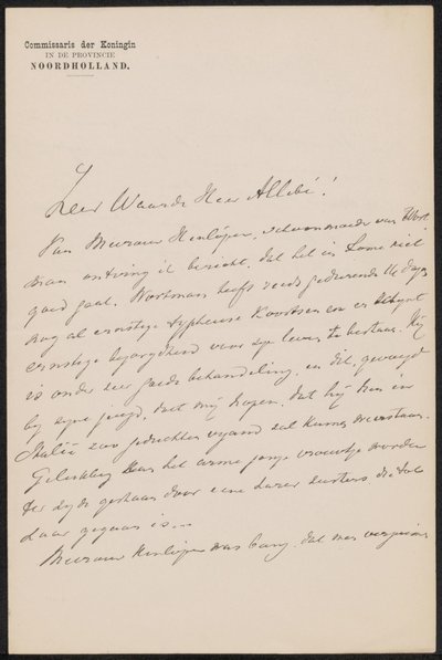 Lettre à August Allebé - jonkheer Gijsbert van Tienhoven