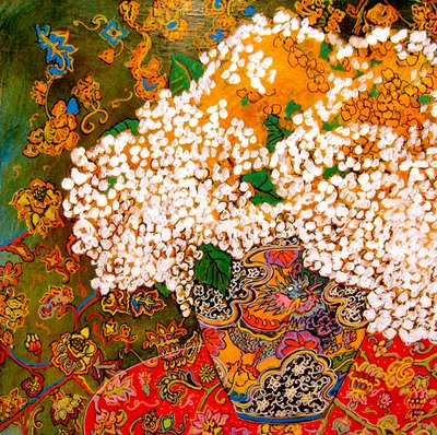 Fleurs dans un vase chinois, 2016 (mixte, acrylique, encre, huile) - linda arthurs