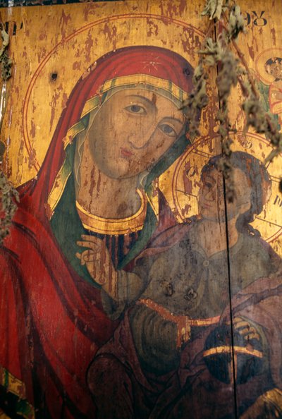 Madone avec enfant, peint sur bois dans l