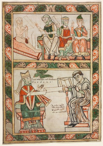Page de titre des "Moralia" de Saint Grégoire : Job visité par ses trois amis (en haut) et Grégoire le Grand et son diacre Pierre (en bas) - probably by Abbot Frowin