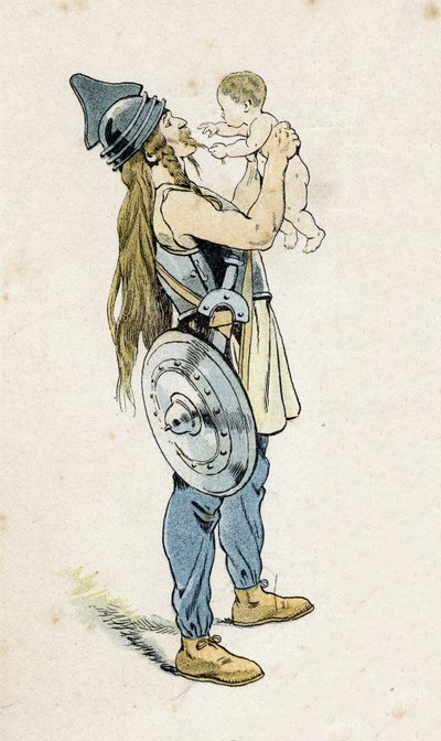 Un guerrier gaulois avec son enfant. Dans "La France, son histoire racontée par G. Montorgueil, illustrée par Job" 1896. Collection privée. - pseudonym for Onfray de Breville Jacques Job