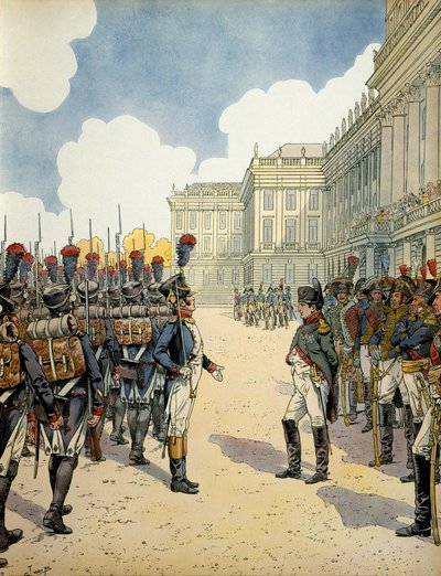 À Schoebrunn, Napoléon Ier Bonaparte (1769-1821) passe en revue les troupes avant la bataille de Wagram les 5 et 6 juillet - pseudonym for Onfray de Breville Jacques Job