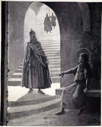 Sois chrétien, je te ferai chevalier. Les paroles de Louis IX dit Saint Louis (1214-1270) à un chef sarrasin entré dans la prison pour se faire chevalier. Illustration de Job (Jacques Marie Gaston Onfray et Breville) (Jacques-Marie) (1858-1931) - pseudonym for Onfray de Breville Jacques Job