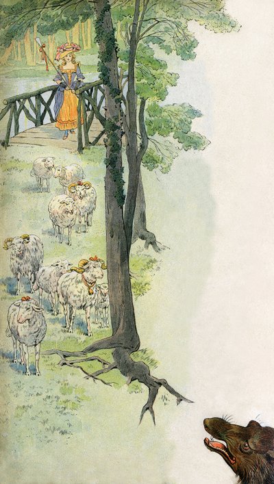 Bergère gardant ses moutons (moutons et béliers) à la campagne, sous le regard menaçant d