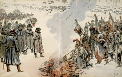 Campagne de Russie (1812) : Lors de la retraite de Russie, Napoléon Ier Bonaparte (1769-1821) ordonne de brûler les drapeaux et les aigles pour empêcher l