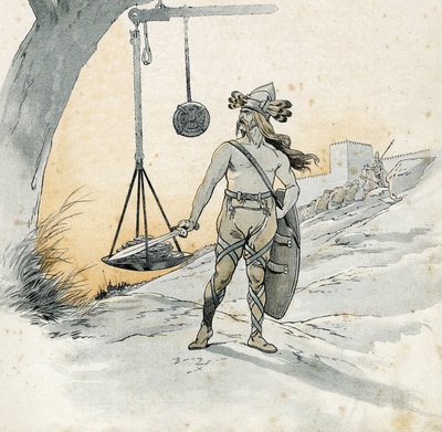 Capture de Rome (Rancon de Rome en 390 av. J.-C.). Histoire de Brennus (Brennos), chef de guerre gaulois qui prononça le terrible mot Vae Victis (malheur aux vaincus). Dans "La France, son histoire racontée par G. Montorgueil, illustrée par Job" 1896. Coll - pseudonym for Onfray de Breville Jacques Job