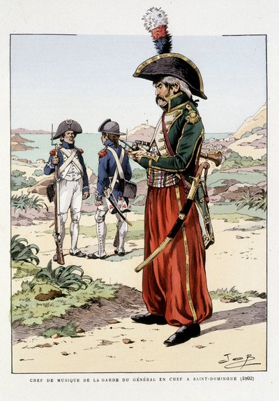 Chef de musique de la garde du général en chef à Saint-Domingue en 1802 - dans "Outfit des troupes de France : armée de terre et de mer à toutes les époques", ill. de Job - pseudonym for Onfray de Breville Jacques Job