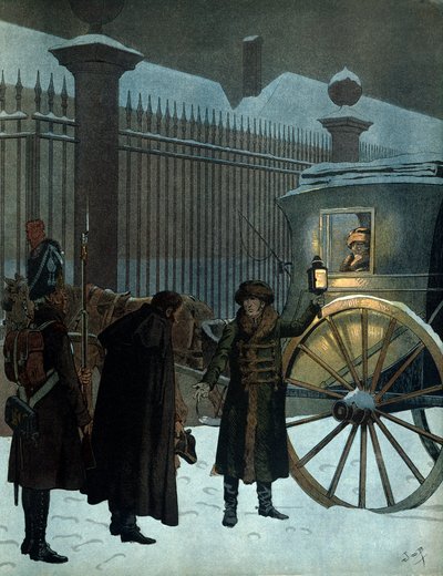 Défaite de la campagne de Russie et retour à Paris : Napoléon Ier Bonaparte (1769-1821) dans une berline arrivée aux Tuileries le 18 décembre 1812 à 23 heures après la retraite de Russie. Dans « Napoléon » de Georges Montorgueil. Illustration de Jacques Ma - pseudonym for Onfray de Breville Jacques Job