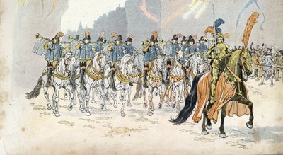 Entrée du roi Charles VI (1368-1422) à Paris accompagné de trente trompettes. dans "France, son histoire racontée par G. Montorgueil, illustrée par Job" 1896. Collection privée. - pseudonym for Onfray de Breville Jacques Job